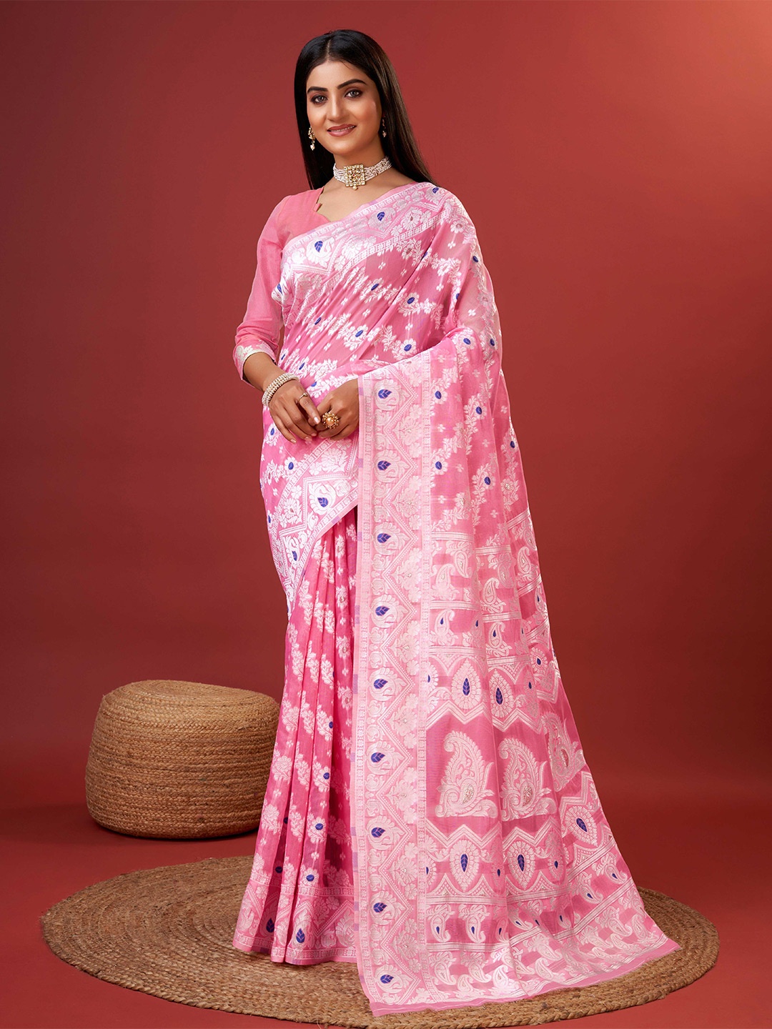 

Ekta Textiles Floral Woven Design Zari Silk Cotton Banarasi Saree, Pink