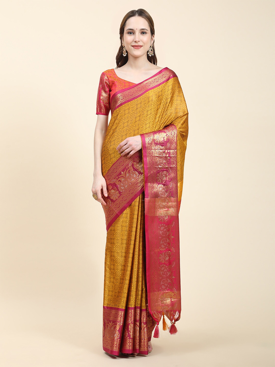 

Ekta Textiles Ethnic Motifs Woven Design Zari Banarasi Saree, Mustard