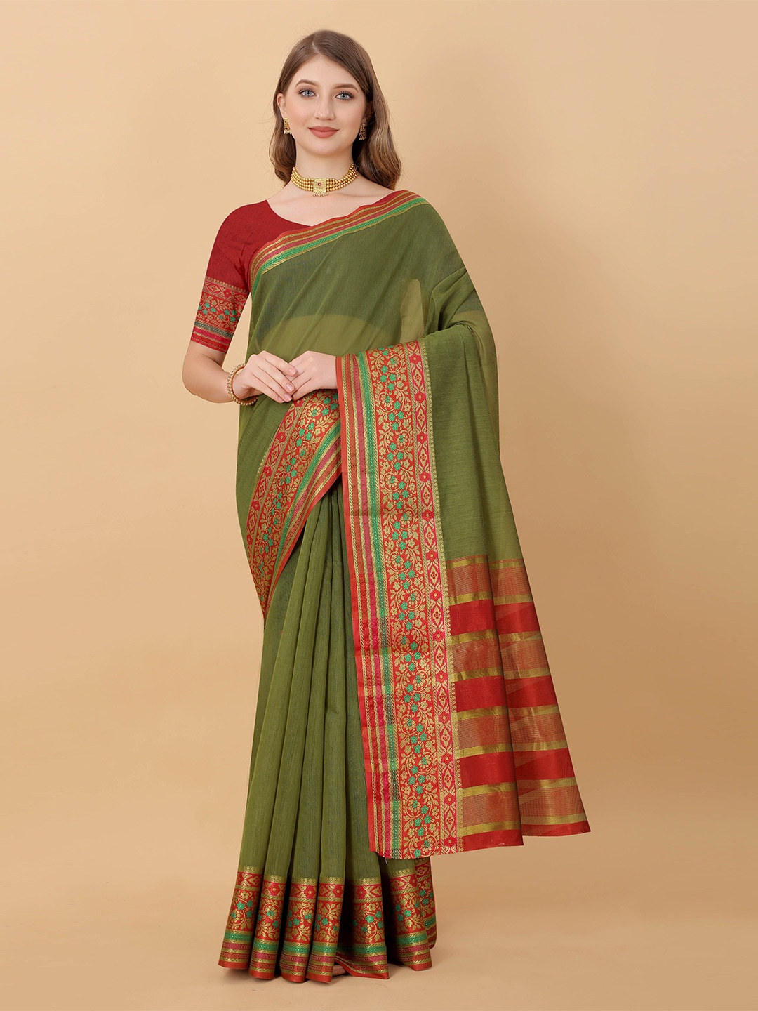 

Ekta Textiles Zari Silk Cotton Banarasi Saree, Green