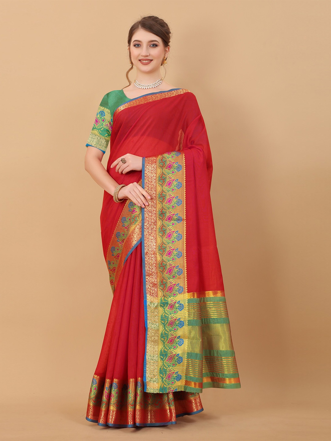 

Ekta Textiles Zari Silk Cotton Banarasi Saree, Red