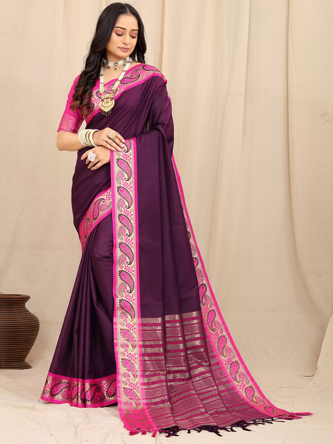 

Ekta Textiles Woven Design Zari Silk Cotton Banarasi Saree, Purple