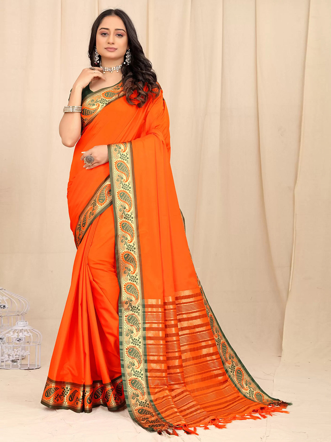 

Ekta Textiles Woven Design Zari Silk Cotton Banarasi Saree, Orange