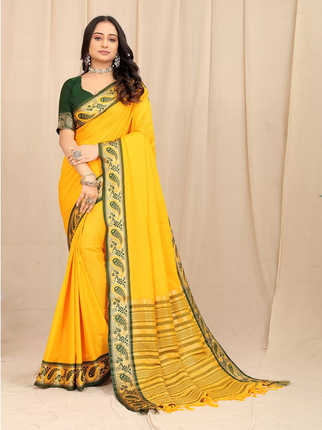 

Ekta Textiles Woven Design Zari Silk Cotton Banarasi Saree, Yellow