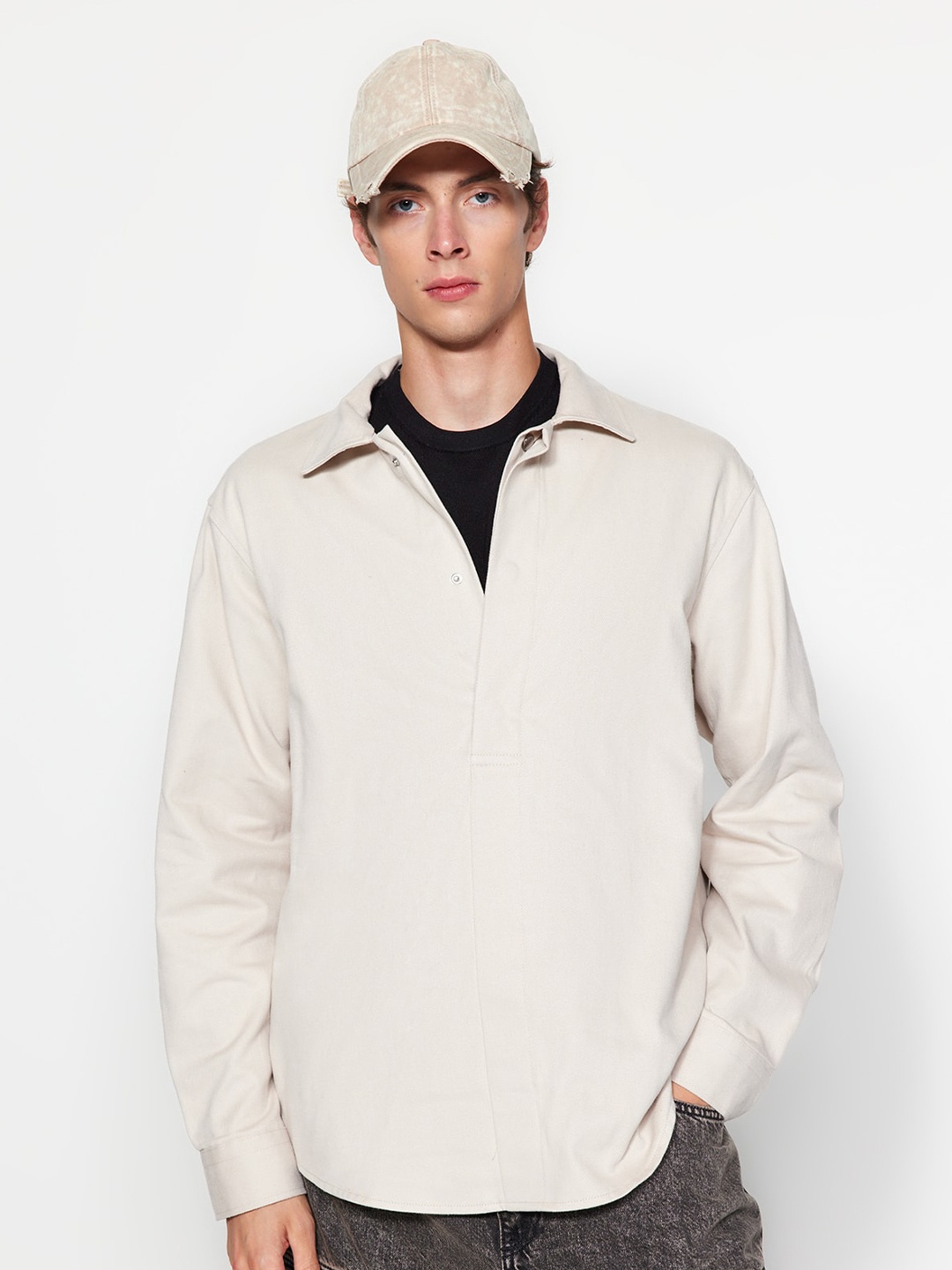 

Trendyol Spread Collar Cotton Casual Shirt, Cream