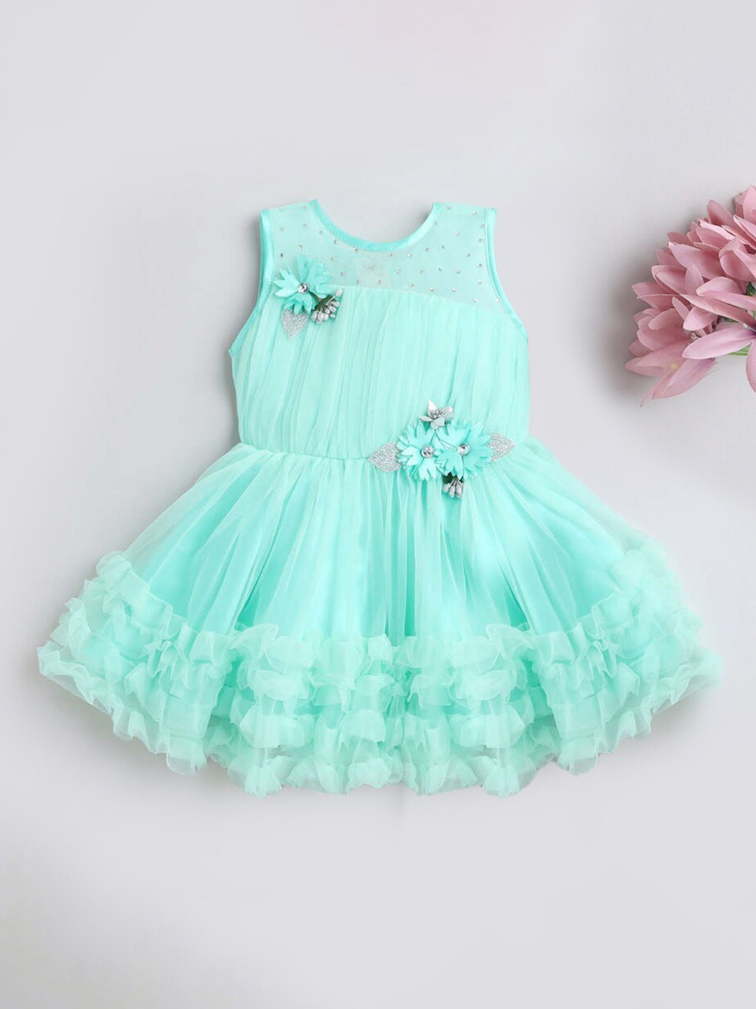 

The Magic Wand Girls Sleeveless Floral Applique Ruffled Fit & Flare Dress, Blue