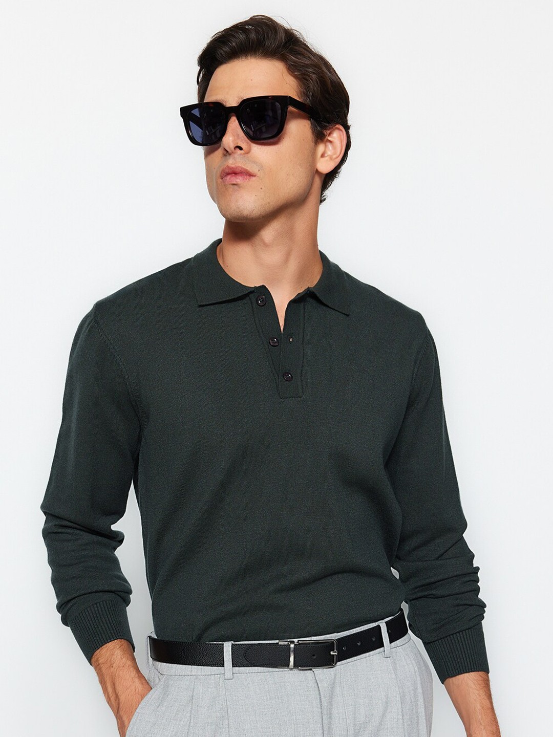 

Trendyol Ribbed Lapel Collar Pullover, Green