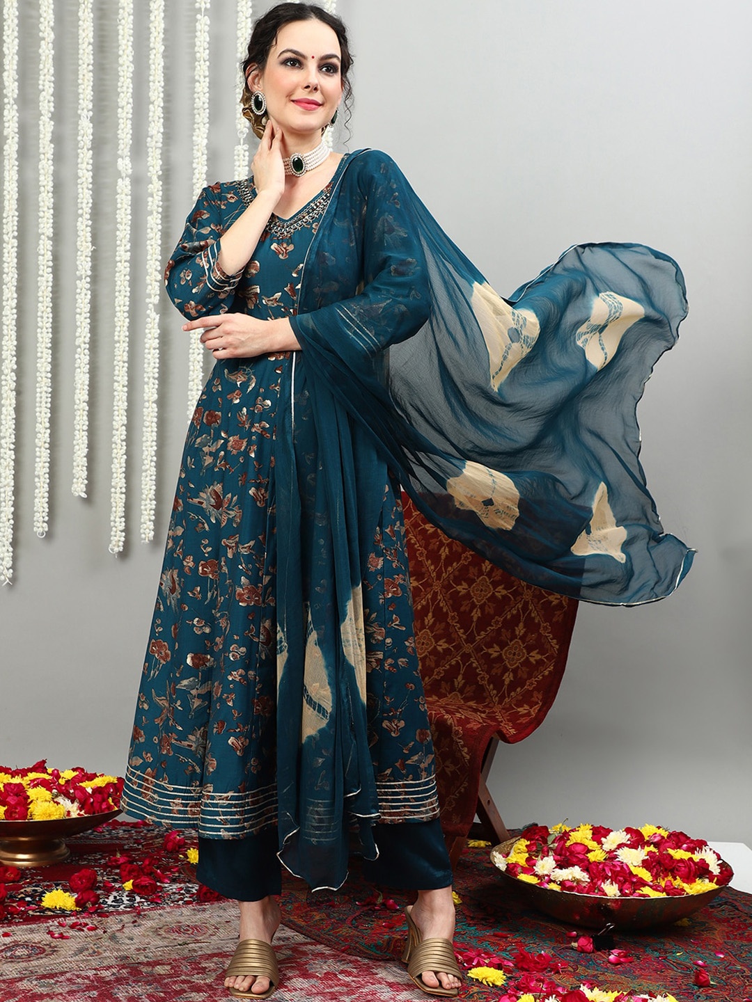 

Sangria Blue Floral Printed Beads & Stones Kurta With Trousers & Dupatta, Teal