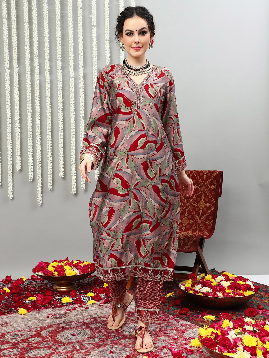 

Sangria Red Abstract Printed Pure Silk V-Neck Kurta With Trousers & Dupatta