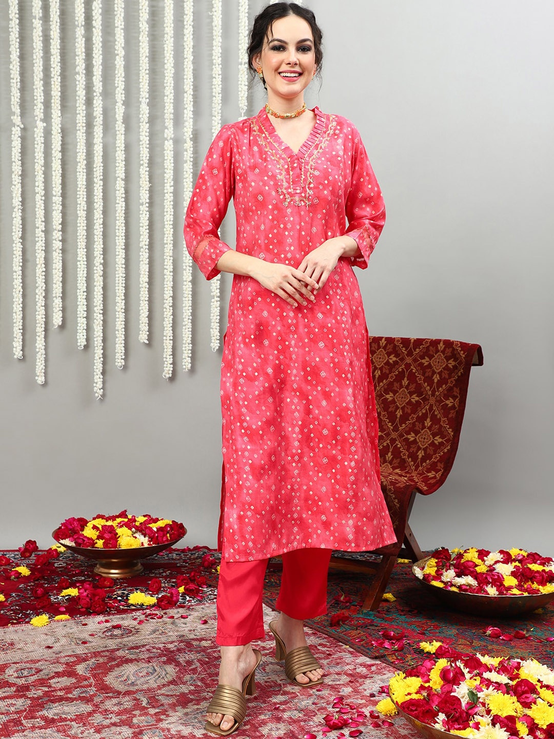 

Sangria Pink Ethnic Motifs Printed Pure Silk V-Neck Kurta With Trousers & Dupatta
