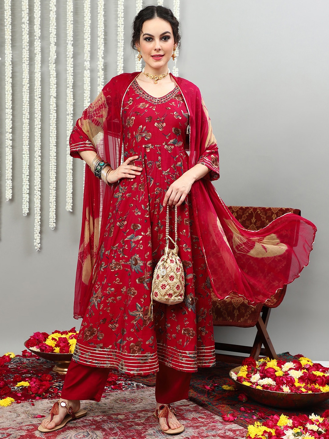 

Sangria Floral Printed Beads and Stones Pure Silk Kurta & Palazzos With Dupatta, Red