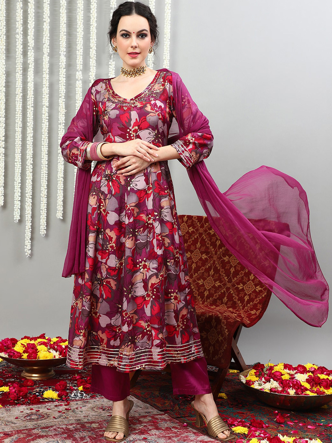

Sangria Floral Printed Beads and Stones Pure Silk Kurta & Palazzos With Dupatta, Purple