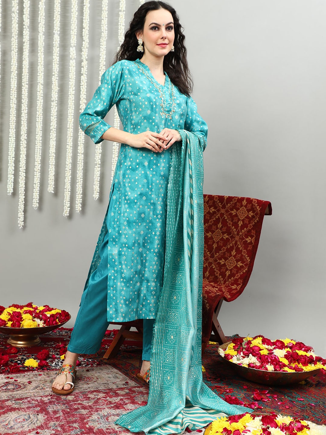 

Sangria Turquoise Blue Bandhani Printed Gotta Patti Pure Silk Kurta With Trouser & Dupatta