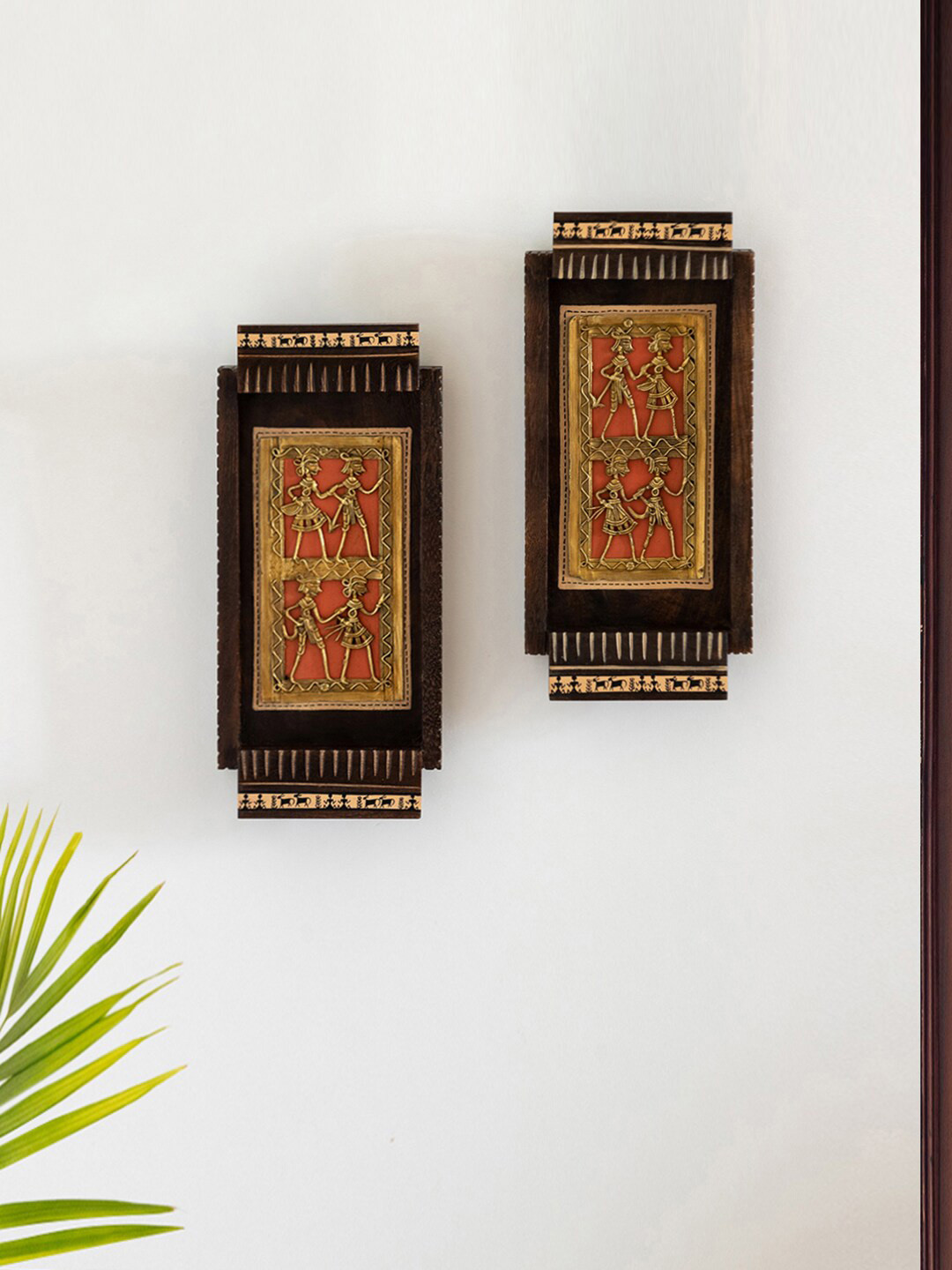 

ExclusiveLane 2 Pieces Red & Brown Tribal Dhokra Art Wooden Wall Hanging