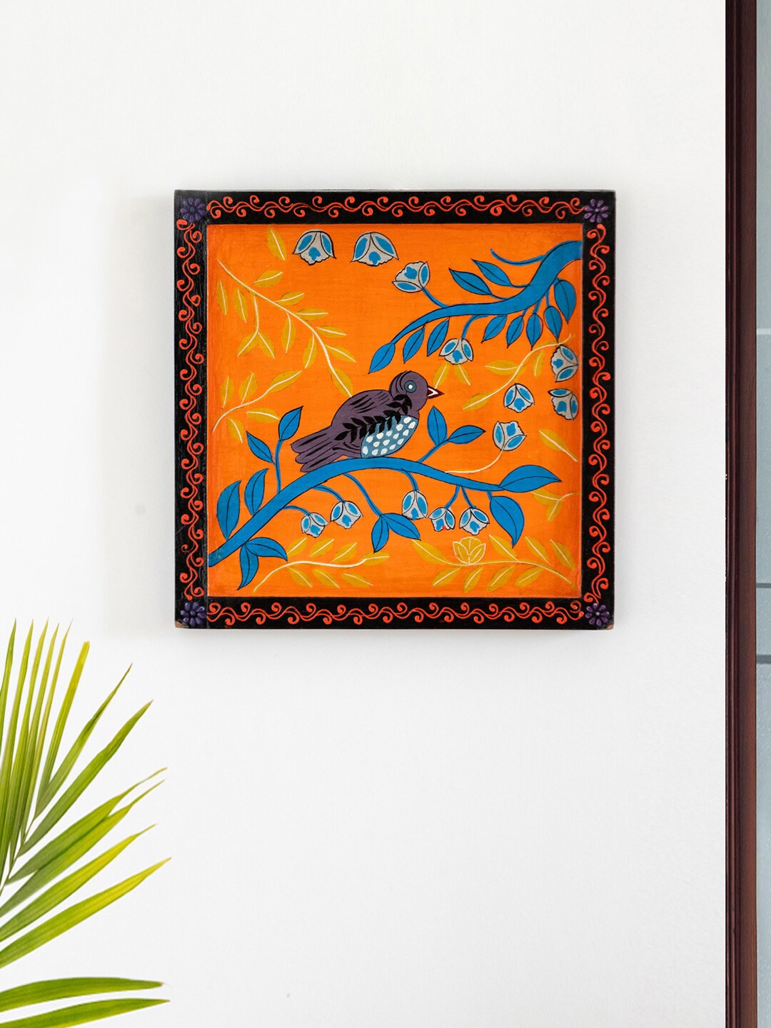 

ExclusiveLane Orange & Blue Chirping Sparrow Wooden Wall Hanging