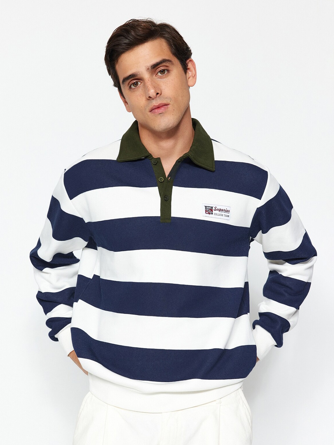 

Trendyol Striped Mock Collar Cotton Pullover Sweatshirt, White