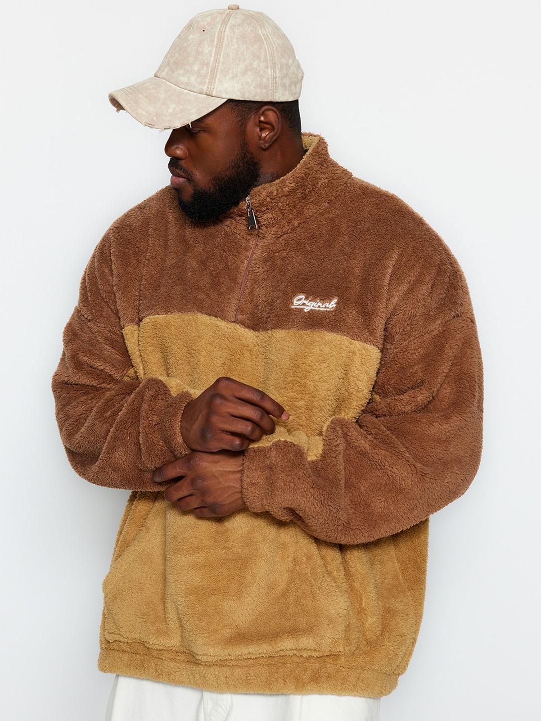 

Trendyol Colourblocked Mock Collar Pullover Sweatshirt, Camel brown