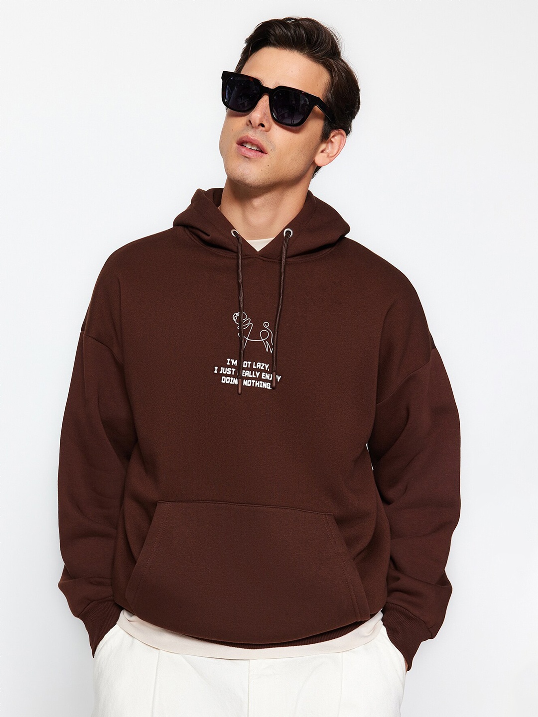 

Trendyol Typography Printed Hooded Cotton Sweatshirt, Brown