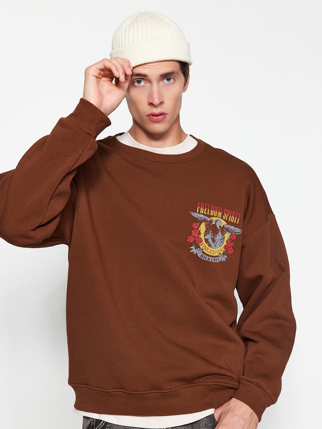 

Trendyol Typography Printed Cotton Sweatshirt, Brown