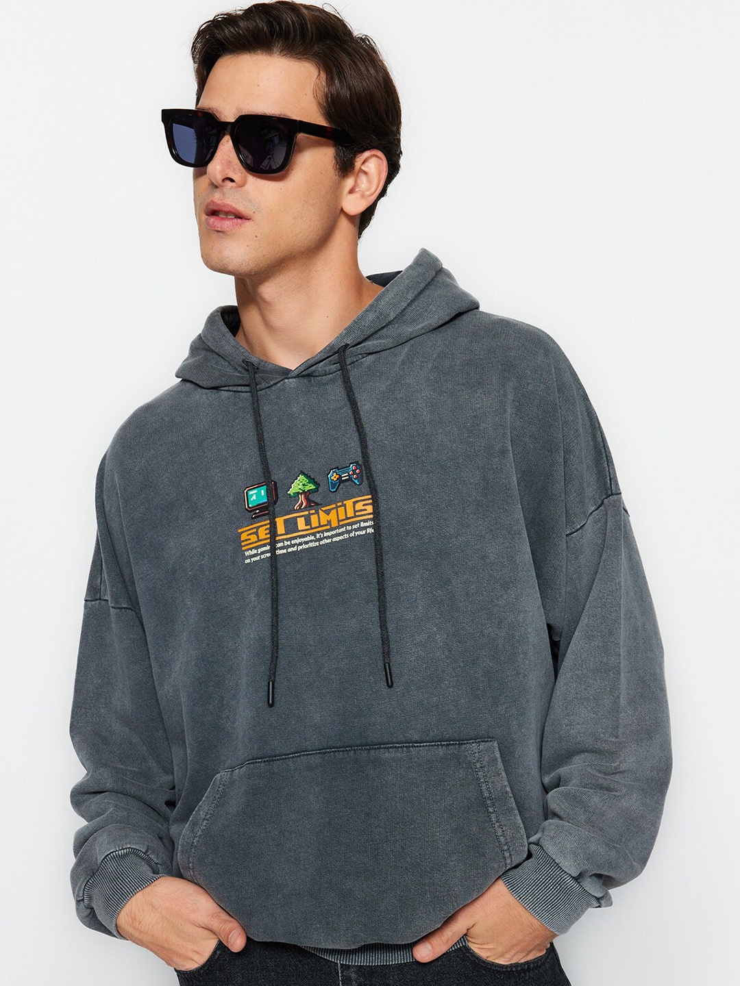 

Trendyol Typography Printed Hooded Pure Cotton Sweatshirt, Grey