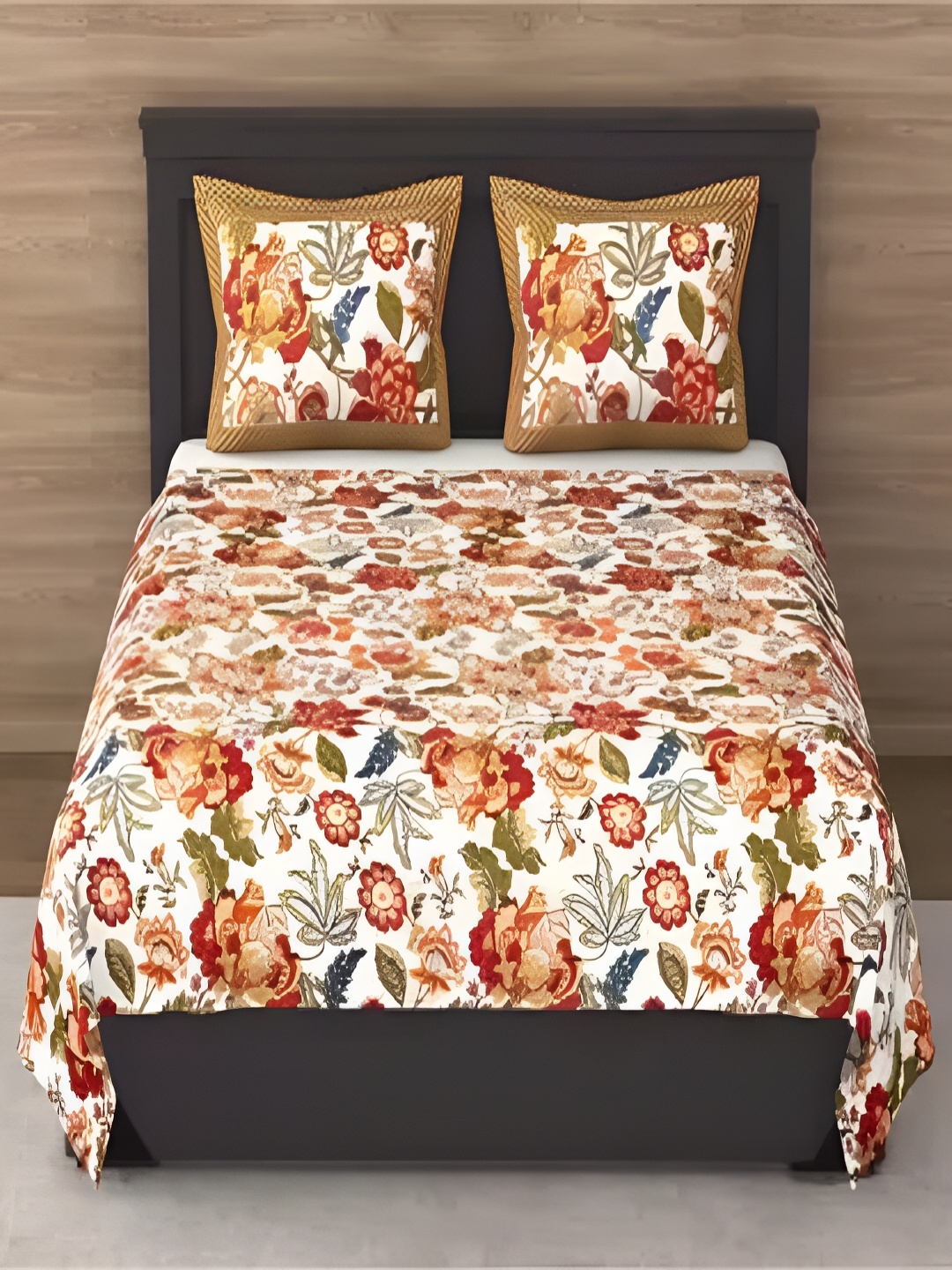 

Qfab Brown White Floral Cotton 144 TC Double King Bedsheet With 2 Pillow Covers
