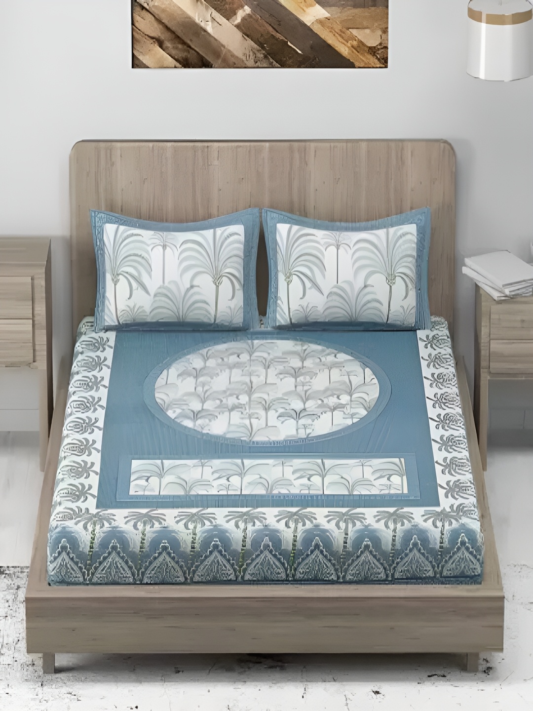 

Qfab Blue & White Ethnic Motifs Cotton 144 TC King Bedsheet with 2 Pillow Covers
