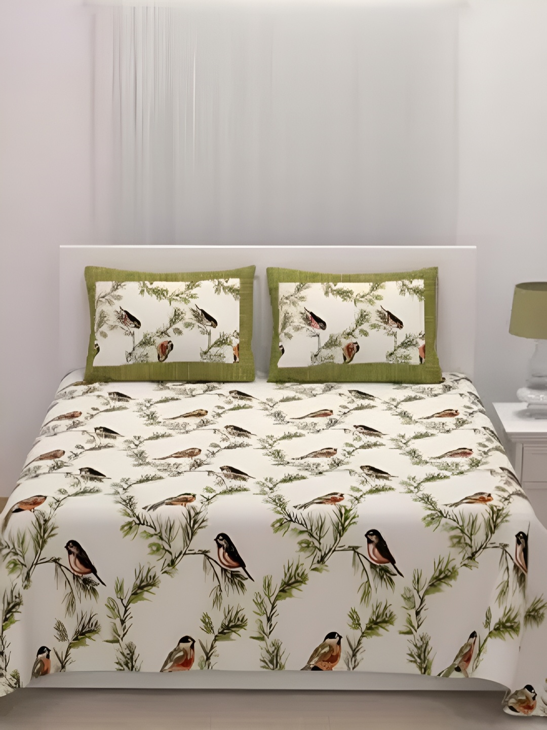 

Qfab Green & White Floral Cotton 144 TC King Bedsheet with 2 Pillow Covers