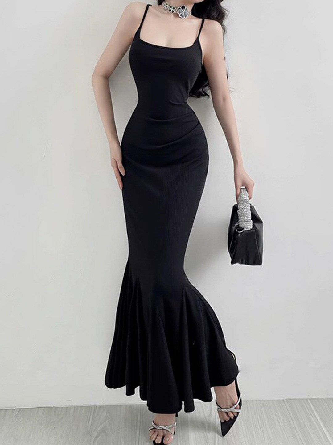 

StyleCast Black Shoulder Strap Gathered Maxi Dress