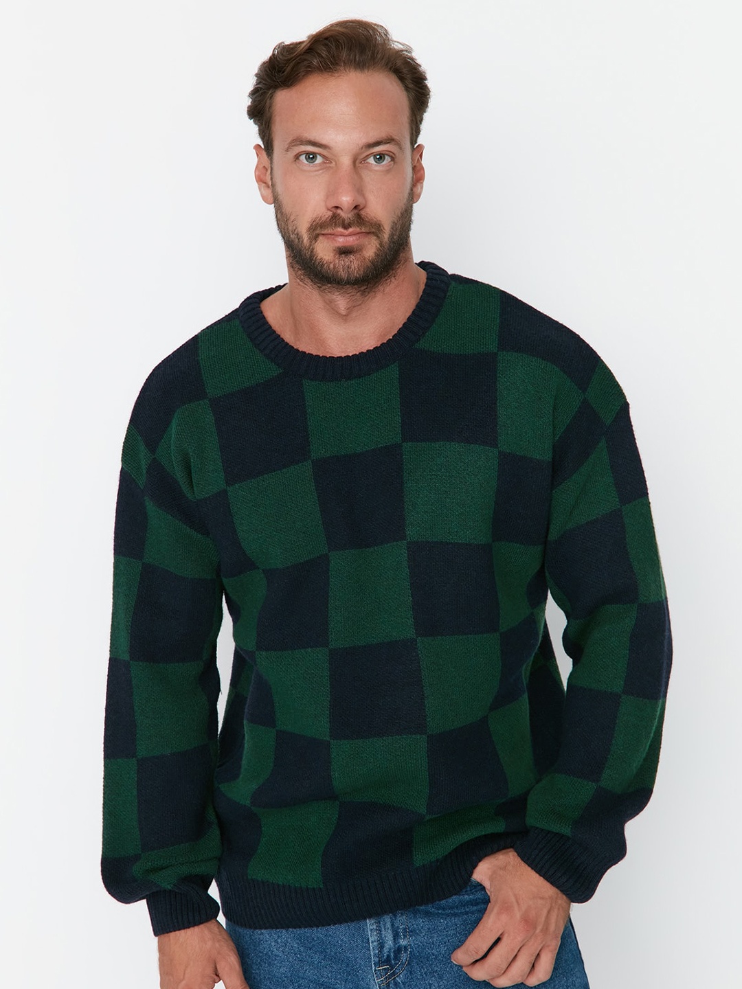 

Trendyol Unisex Checked Round Neck Pullover, Green