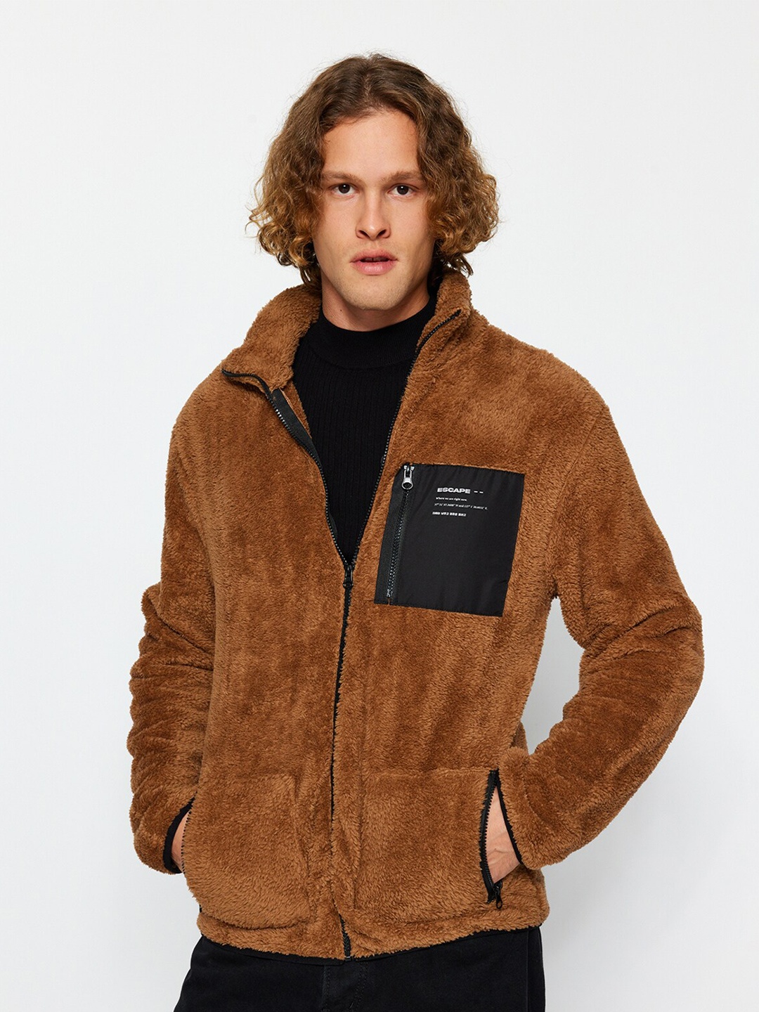 

Trendyol Unisex Self Design Stand Collar Bomber Jacket, Brown
