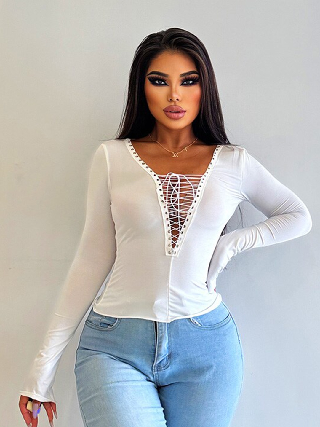 

StyleCast Tie-Up Neck Fitted Top, White