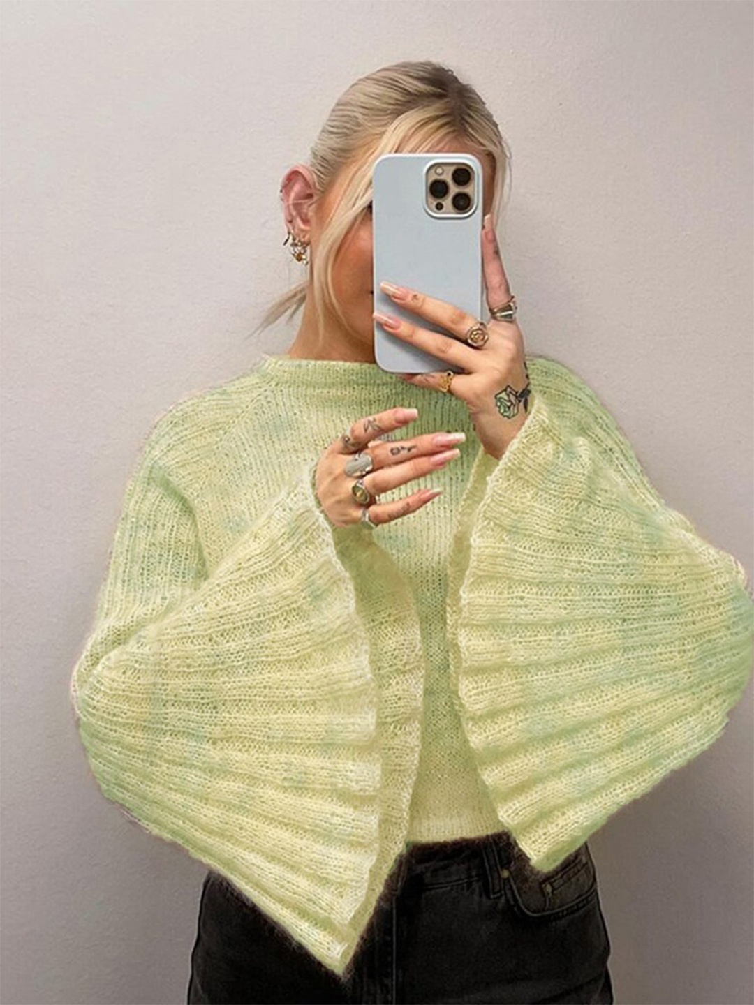 

StyleCast Green Self Design Flared Sleeves Top