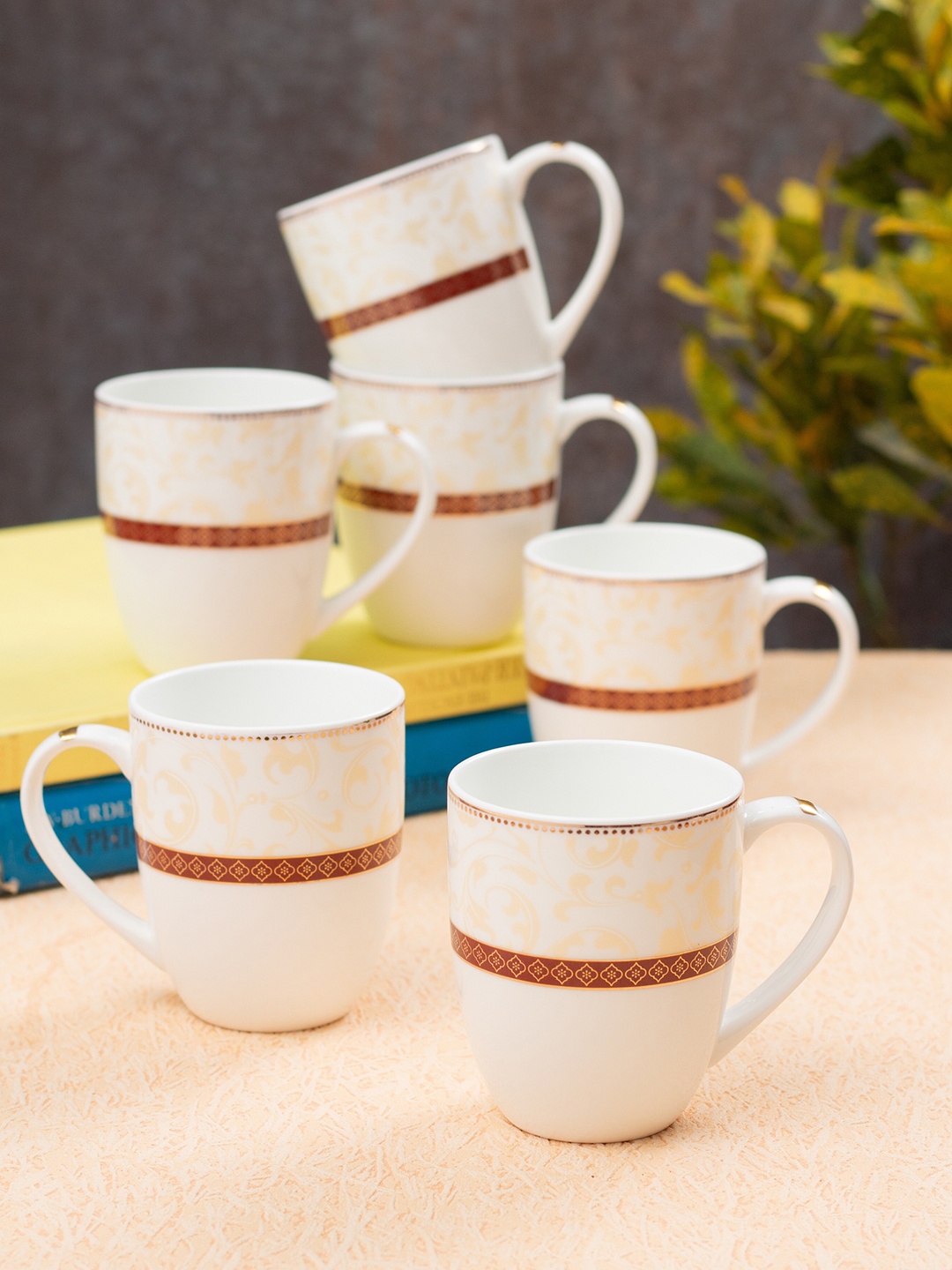 

JCPL White & Brown 6Pcs Handcrafted Printed Ceramic Glossy Cups 230ml