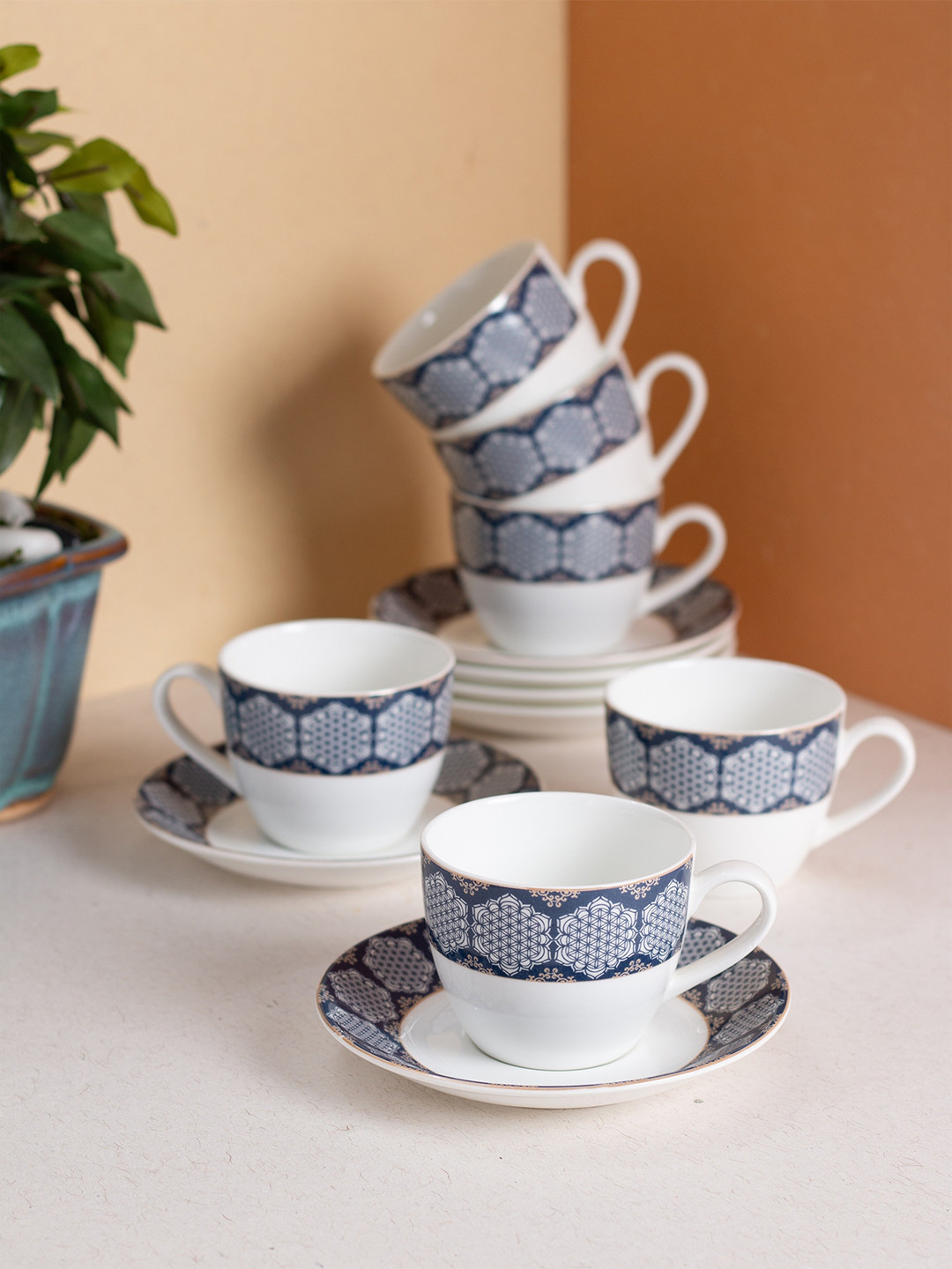 

JCPL White & Grey 12 Pieces Printed Ceramic Glossy Cups and Saucers 180 ml each