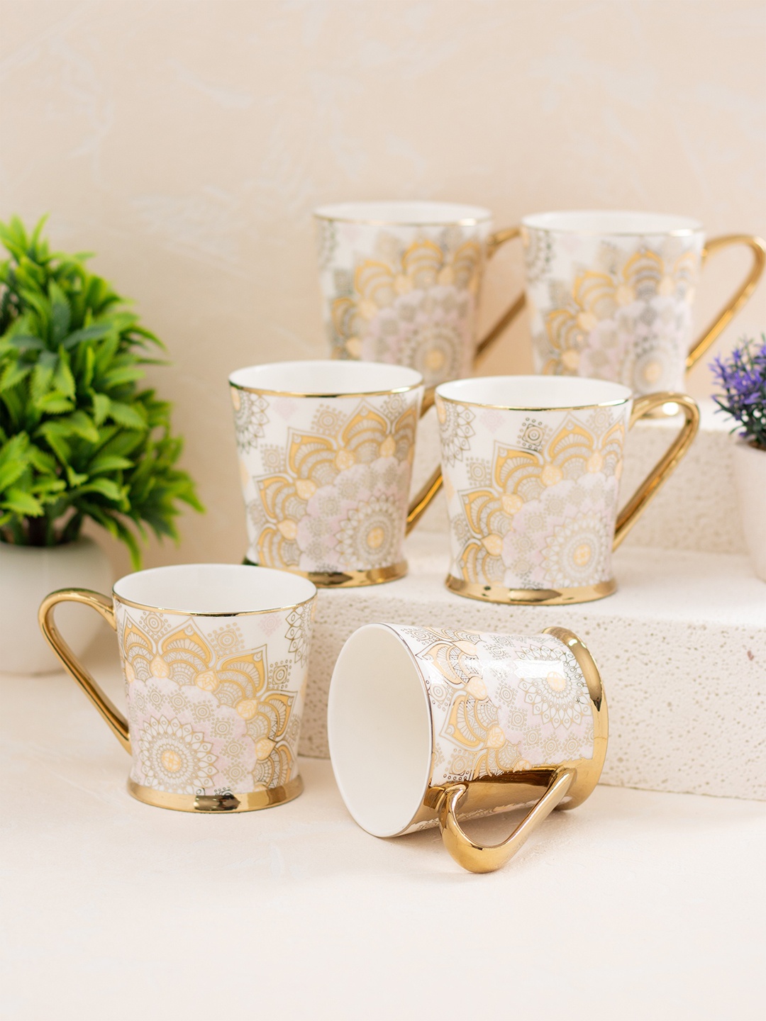 

JCPL White & Beige 6 Pieces Ethnic Motifs Printed Ceramic Glossy Cups 200ml