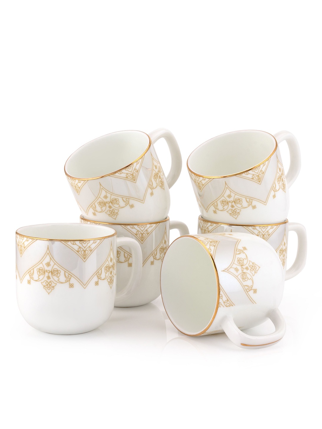 

JCPL White & Beige 6Pcs Handcrafted Printed Ceramic Glossy Tea Cups 240ml