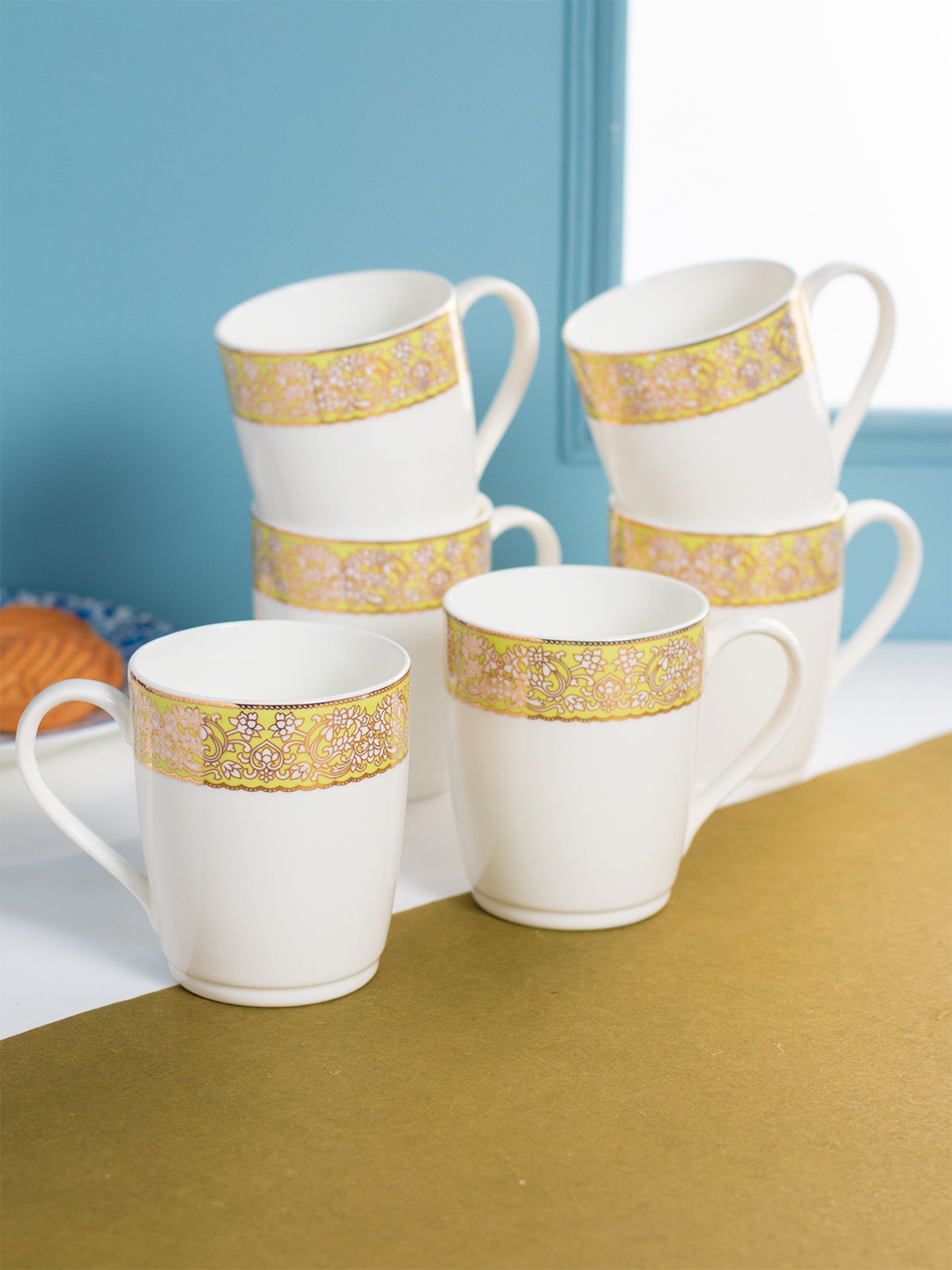 

JCPL White & Gold Toned 6 Pieces Floral Printed Ceramic Glossy Cups 280ml