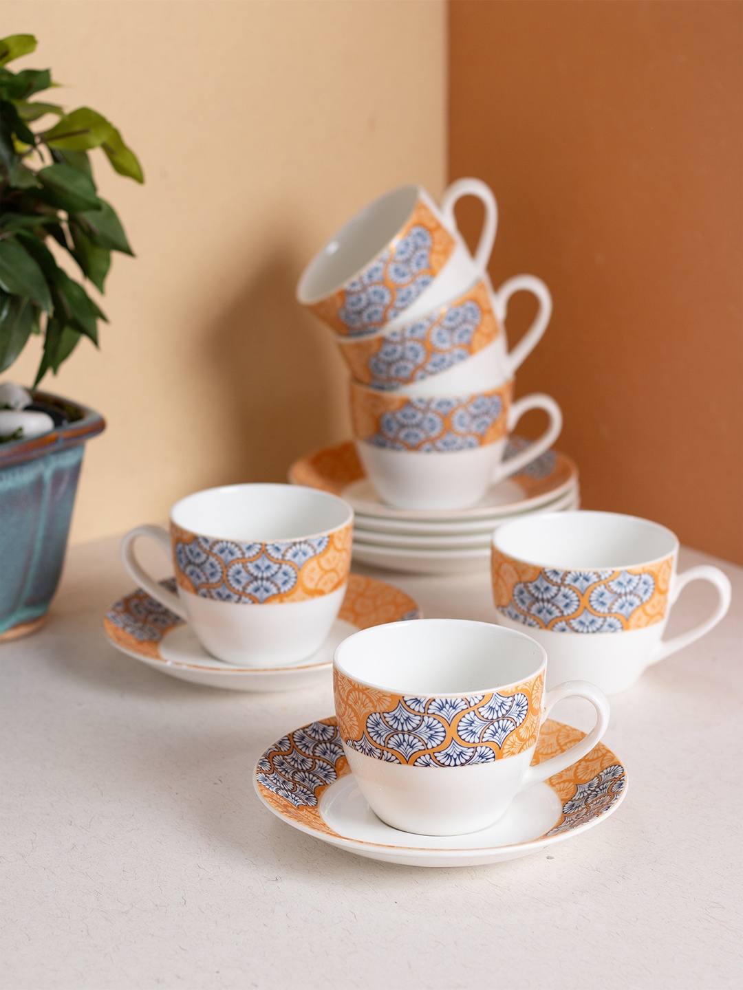 

JCPL White & Blue 12 Pieces Printed Ceramic Glossy Cups and Saucers 180 ml each