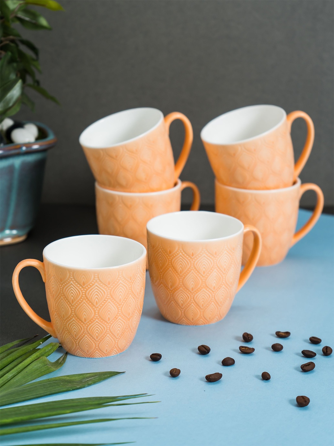 

JCPL White & Orange 6 Pieces Textured Handcrafted Ceramic Glossy Cups 250ml