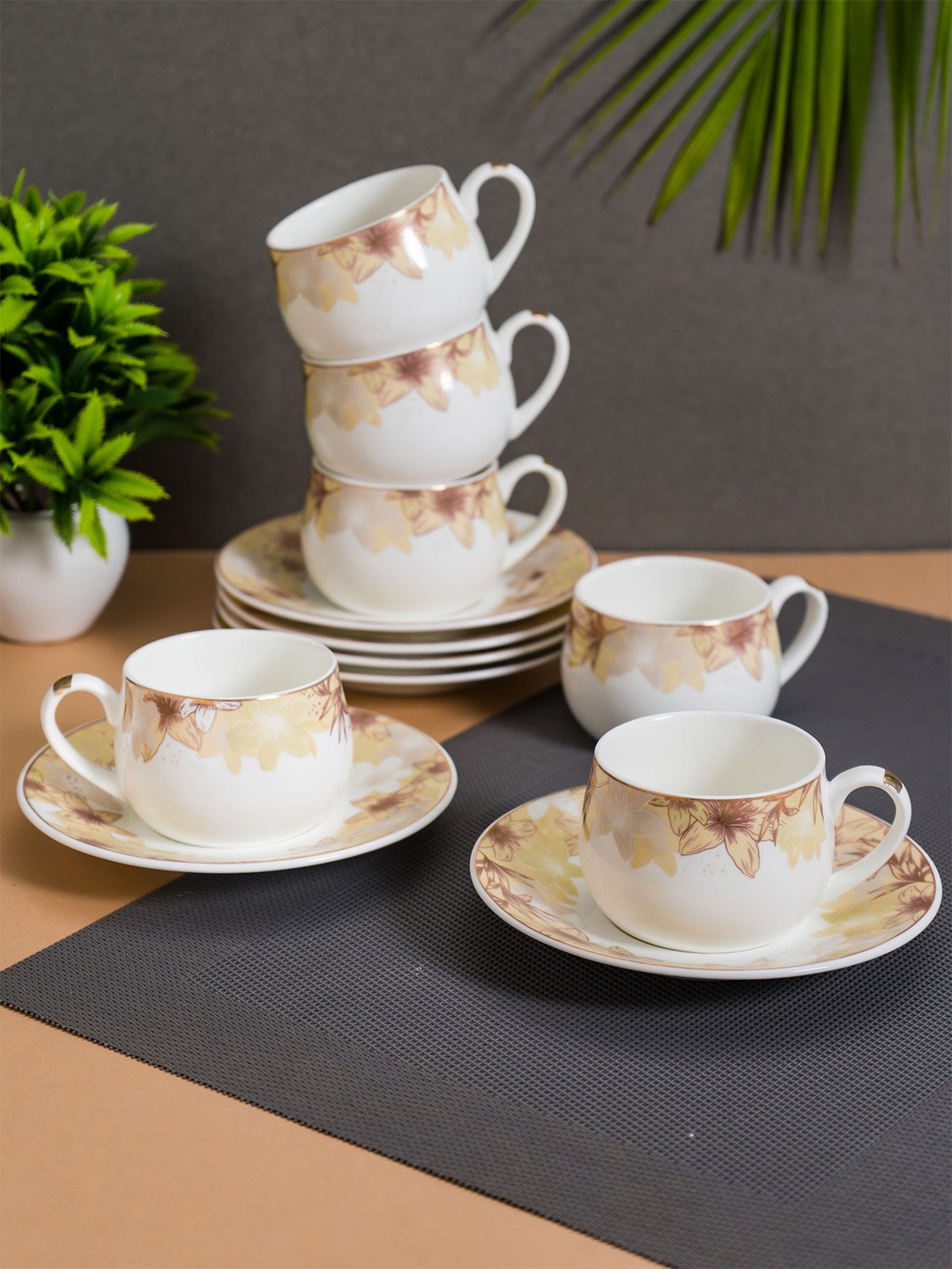

JCPL White & Beige 12Pcs Handcrafted Printed Ceramic Glossy Cups and Saucers 180ml