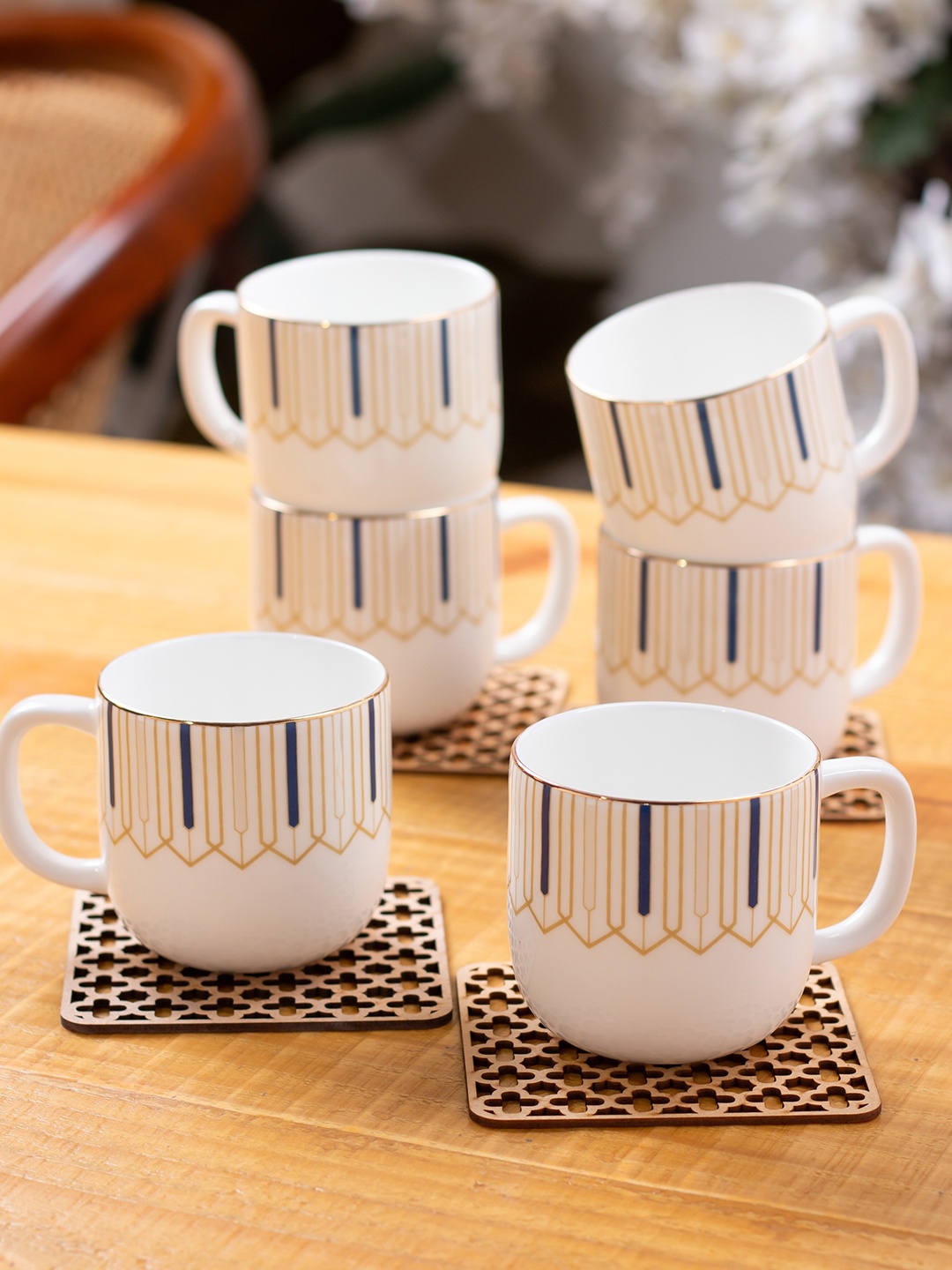 

JCPL White & Blue 6Pcs Handcrafted Printed Ceramic Glossy Cups 240ml