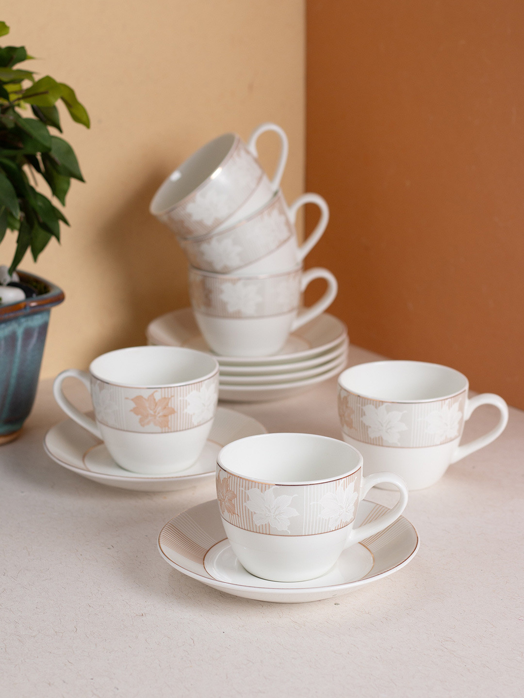 

JCPL White & Beige 12Pcs Handcrafted Printed Ceramic Glossy Cups and Saucers 180ml