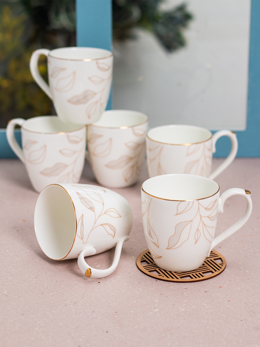 

JCPL White & Pink 6Pcs Handcrafted Printed Ceramic Glossy Cups 250ml