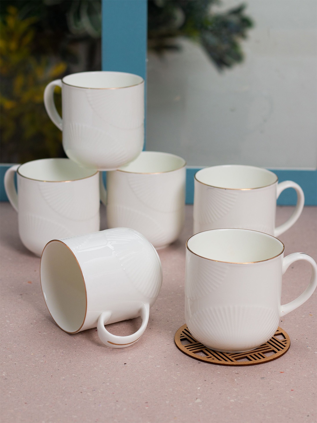 

JCPL White & Gold toned 6 Pcs Handcrafted Printed Ceramic Glossy Cups 180ml