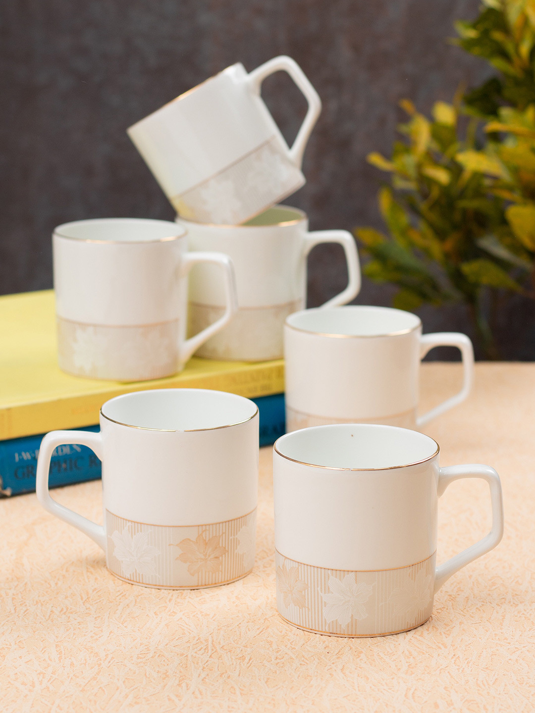 

JCPL White 6 Pieces Printed Ceramic Glossy Mugs 220 ml Each