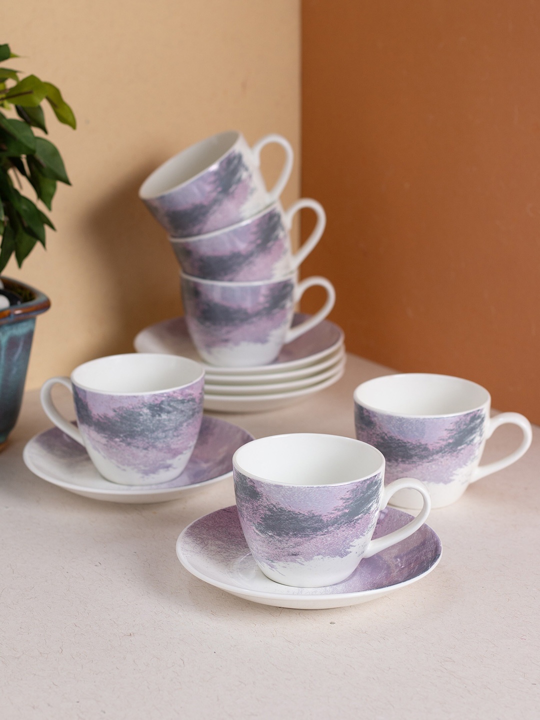 

JCPL White & Purple 12Pcs Handcrafted Printed Ceramic Glossy Cups and Saucers 180ml