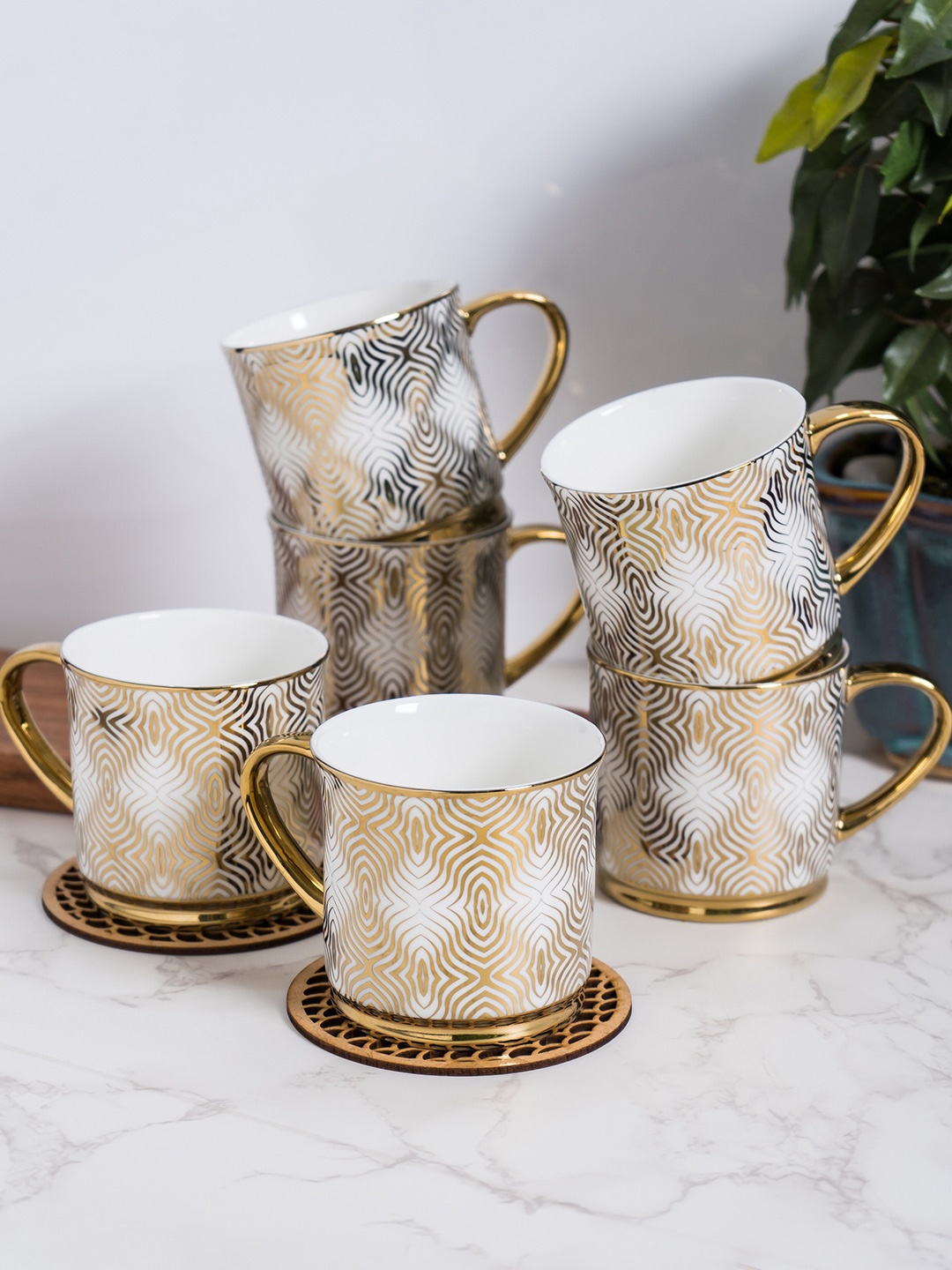 

JCPL White & Brown 6 Pieces Geometric Printed Ceramic Glossy Cups 250ml
