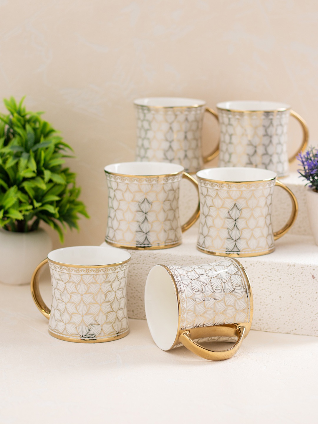 

JCPL White & Beige 6 Pieces Handcrafted Printed Ceramic Glossy Cups 200ml