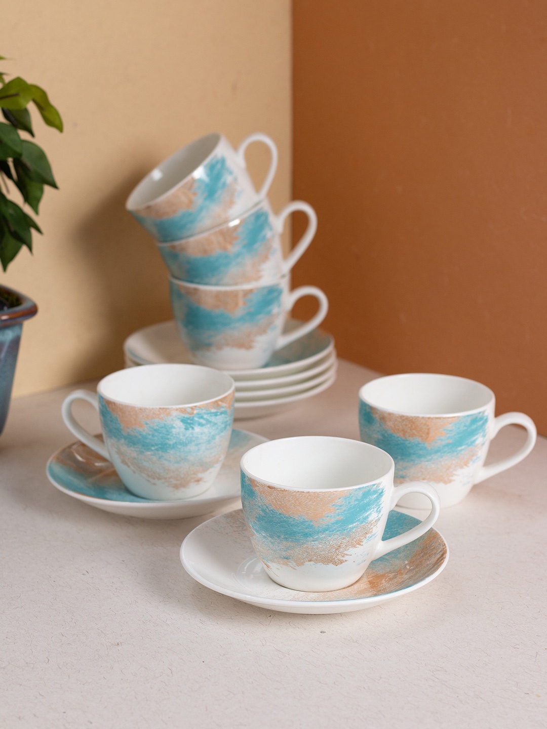 

JCPL White & Blue 12Pcs Handcrafted Printed Ceramic Glossy Cups and Saucers 180ml