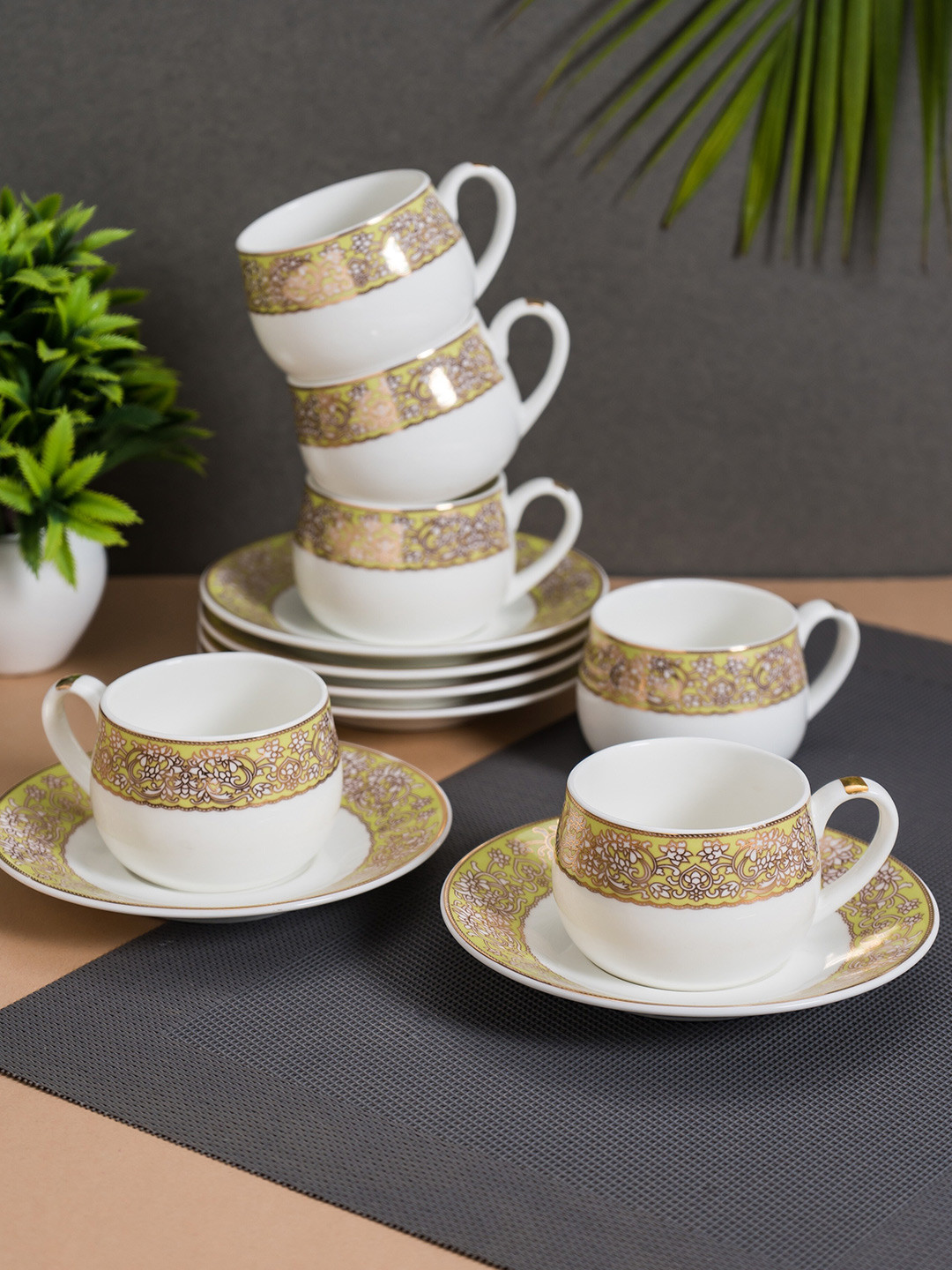 

JCPL White & Gold Toned 12 Pieces Printed Ceramic Glossy Cups 180ml Each