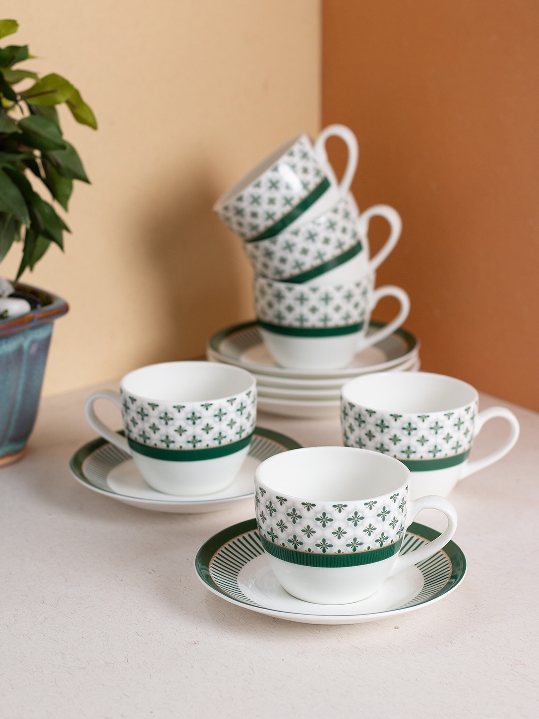 

JCPL White & Green 12 Pieces Handcrafted Printed Ceramic Glossy Cups and Saucers 180ml